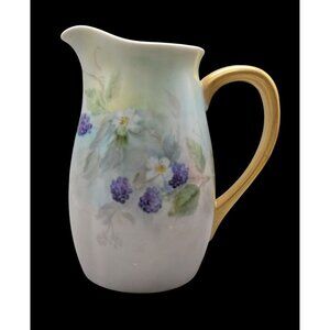 Blackberry Floral Handpainted Pitcher Gold Handle Unmarked Vintage Ceramic 5.5"